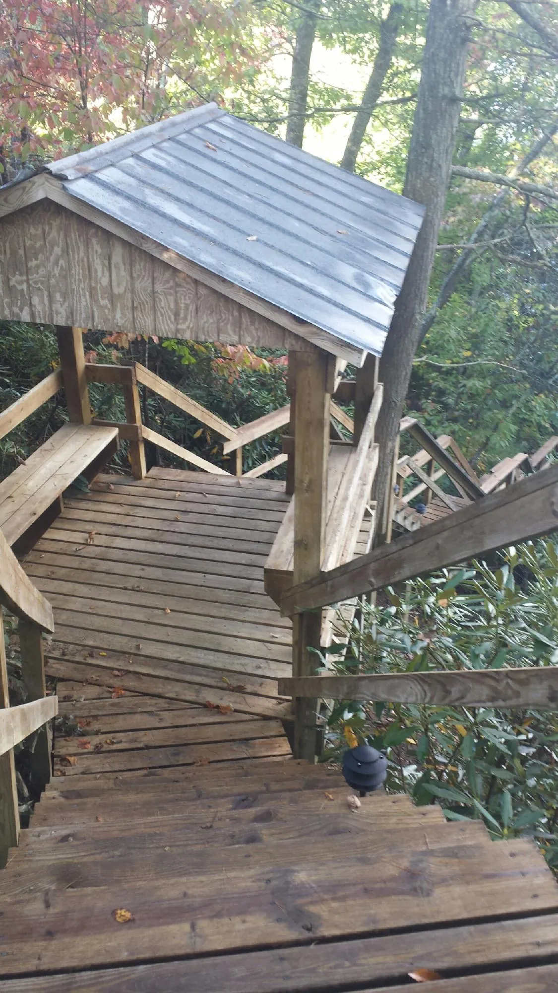 Metal roofed shelter over wooden steps on a wooded walkway — Skylight Repair & Installation work by our crew in Mogadore